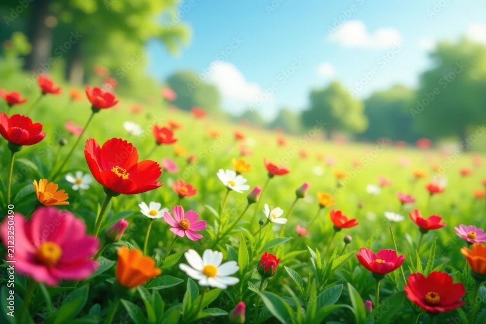 Fototapeta premium Vibrant late summer wildflowers carpet a meadow , botany, lush, yellow