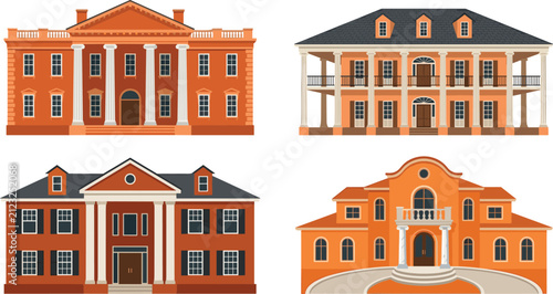 Luxury Mansions and Historic Colonial Estate Houses Vector Set Classic Southern Plantation and Mediterranean Architectural Designs for Real Estate Industry