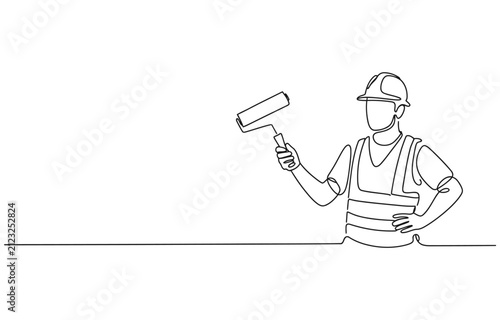 Continuous line drawing of young handyman wearing building construction uniform while holding paint roller.