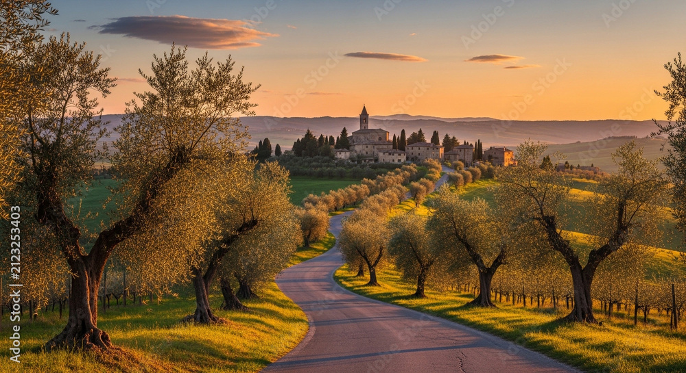 Fototapeta premium Tuscany landscape with olive trees at sunset. Italian village road in summer evening light.