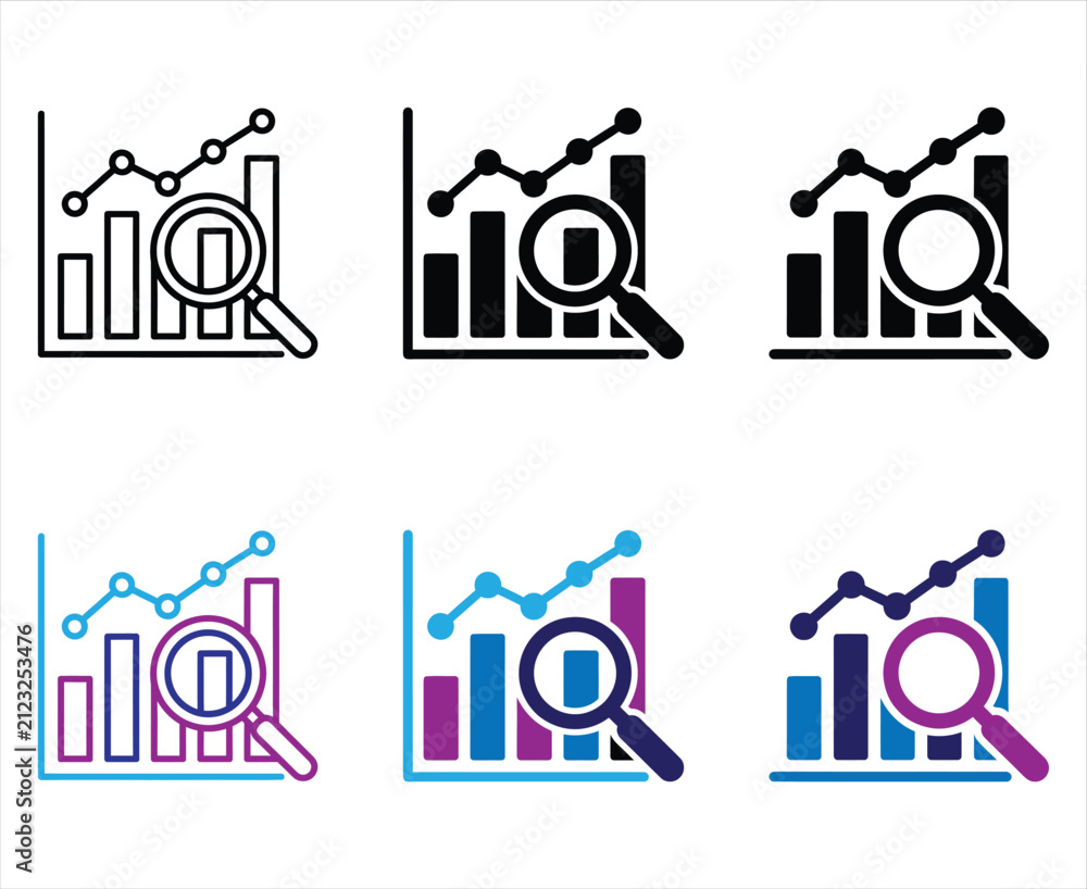 Fototapeta premium Icon set of data analysis showing bar charts and line graphs examined by magnifying glass tool.