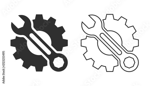 Flat gear and wrench icon fill and outline style on white background