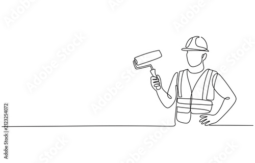 Continuous line drawing of young handyman wearing building construction uniform while holding paint roller.