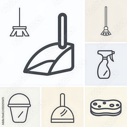 Minimalist line icons of kitchen appliances and tools.