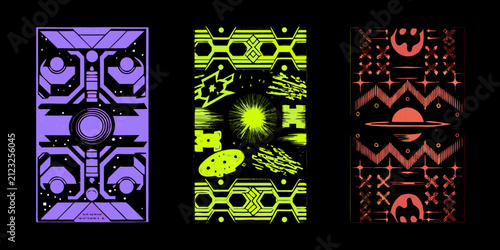 Konstfotografi Geometric patterns with neon colors on black background