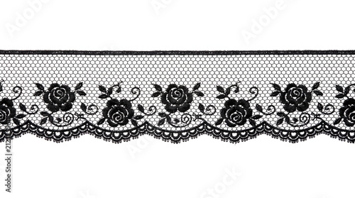 Bild auf Leinwand Black lace ribbon trim with floral rose pattern, isolated element cutout for fas