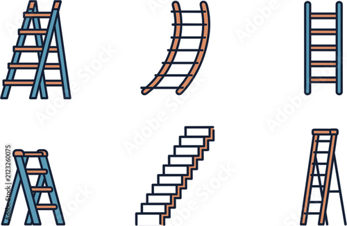 Ladder Collection Icon Set, Step Ladder Staircase Climbing Equipment Vector Illustration Isolated Construction Tool Design Pack