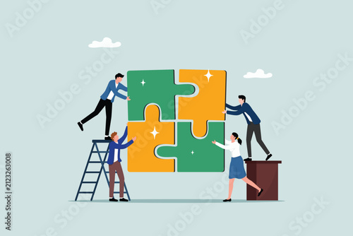 A concept of collaboration and teamwork to solve problems and achieve success. People work hand-in-hand to find solutions, while a team of business professionals successfully completes a jigsaw puzzle