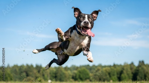 A silly expression on a black and white dog jumping mid-air in front of a blue sky.
