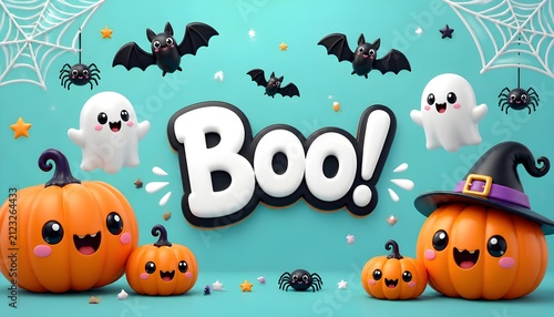Cute Halloween 3D Banner Concept with White Bold Boo Text Friendly Ghosts Cute Carved Pumpkins with Witch Hat and Bats on Turquoise Background