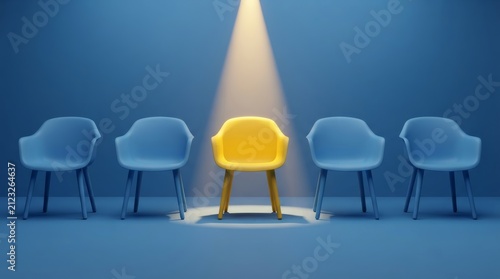 Business concept 3D rendering showing one yellow chair highlighted under a spotlight among blue chairs.