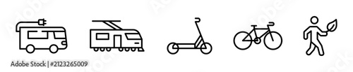Konstfotografi Set de 5 iconos de transporte sostenible con bicicleta y bus