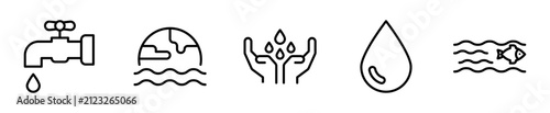 Set de 5 iconos de agua y cuidado ambiental con gota y llave. Vector outline
