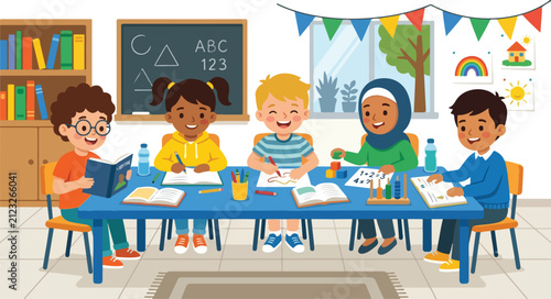 Diverse Kids Studying Together at Table in Primary Classroom Vector Illustration