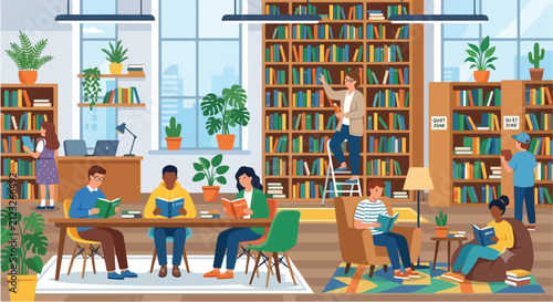 People Reading Books and Studying in Modern Library Interior Vector Illustration