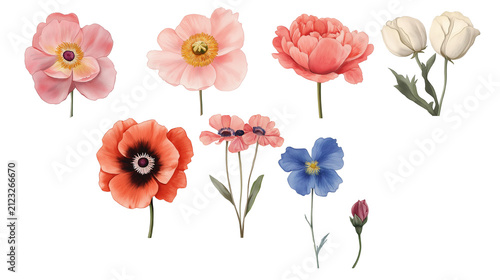 Isolated illustrations of various wild flowers and garden flowers on white background