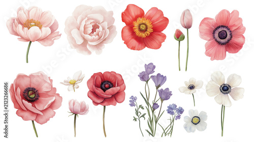 Isolated illustrations of various wild flowers and garden flowers on white background