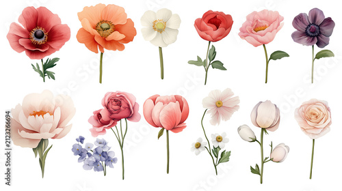Isolated illustrations of various wild flowers and garden flowers on white background