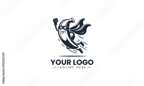 Superhero Banana Character Flies with Cape Playful Vector Logo