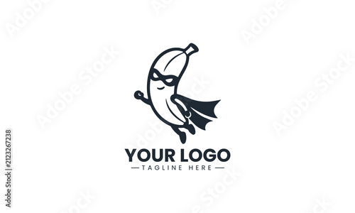 Superhero Banana Character Flies with Cape Playful Vector Logo