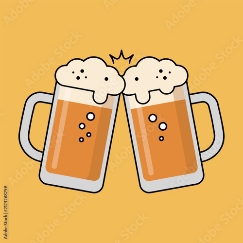 Vector illustration of two glass beer mugs clinking together in a cheers toast, filled with golden amber beer and thick foam. Flat design style with clean outline, perfect for Oktoberfest, party, 