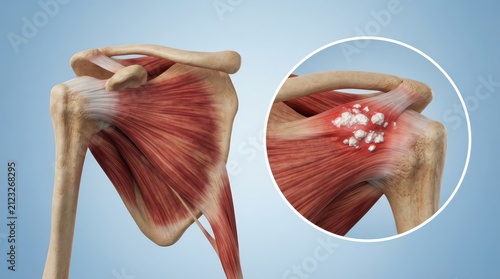 Detailed anatomical view of the human shoulder with calcific tendinitis and rotator cuff inflammation