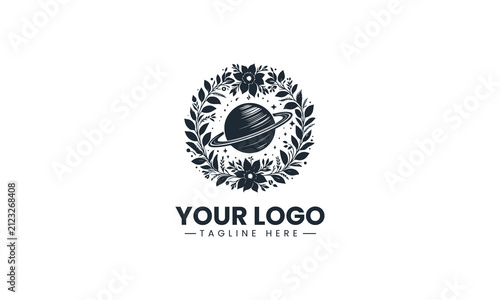 Ringed Planet Surrounded by Floral Wreath Elegant Vector Logo Design