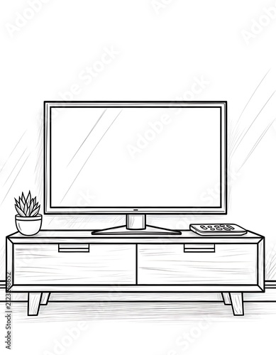 Minimalist modern TV stand with flat screen television.