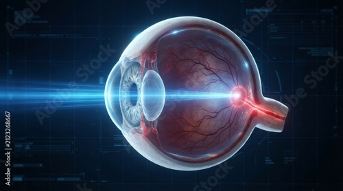 Anatomy of the human eye showing a blue light beam hitting the retina.