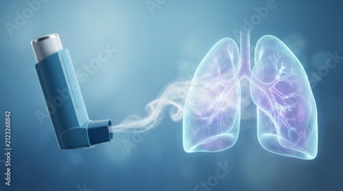 Medical illustration of an asthma inhaler spraying medicine into luminous lungs.