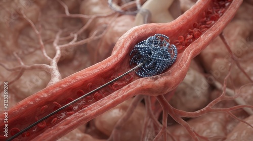 An endovascular embolization procedure being performed within a blood vessel artery.