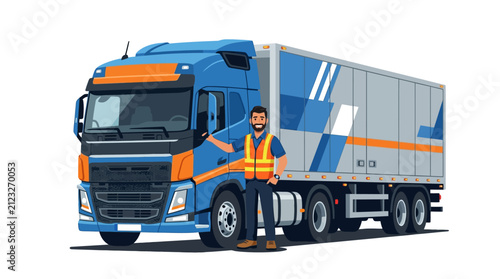 Fotografie Vector illustration of a male driver with a semi truck.