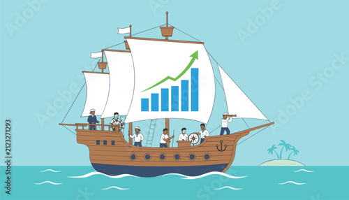 Diverse crew members sail a ship across the sea while managing a large blue bar chart showing steady growth.