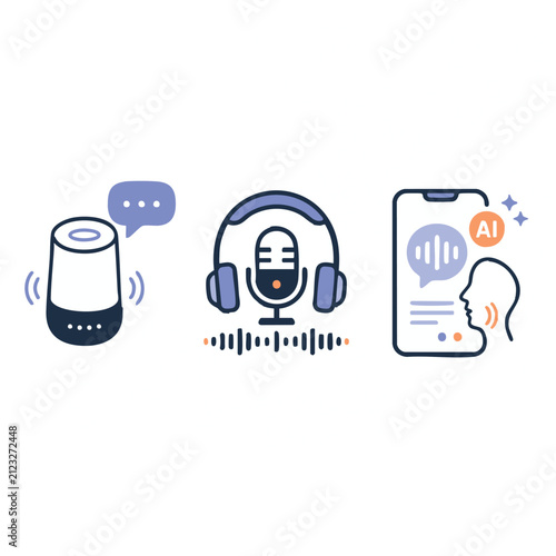 Artificial Intelligence Voice Assistant with Microphone and Smart Speaker Icons