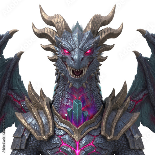 Fantasy dragon creature with glowing crystals and armor