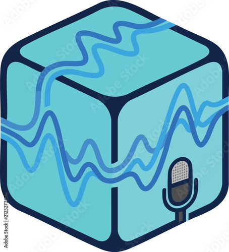 Isometric Blue Cube with Digital Audio Sound Waves and Microphone Icon Concept