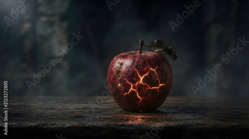 Mystical glowing cracked apple on rustic wood, dark fantasy forbidden fruit with fiery light, cinematic red apple on weathered table for halloween 4k