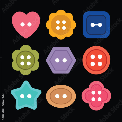 Colorful sewing buttons icon set. Flat vector collection of clothing fasteners and accessories.