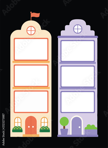 Cute cartoon building frames. Colorful house facade vector illustrations with copy space.