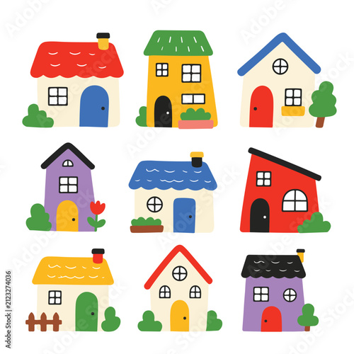 Cute hand drawn house icons. Colorful doodle cottage set for children design projects.