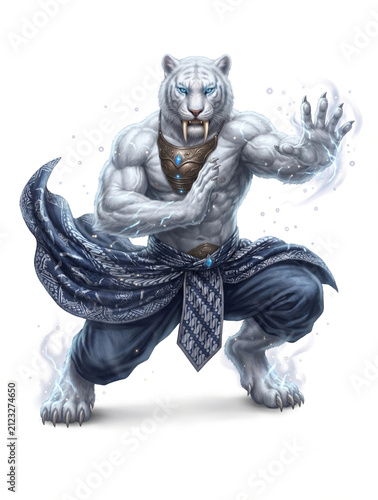 Mascot character anthropomorphic tiger warrior in martial arts pose