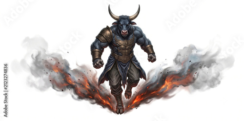 Mythical bull creature in battle armor amidst smoke and flames