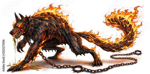 Mythical fiery canine creature on transparent background