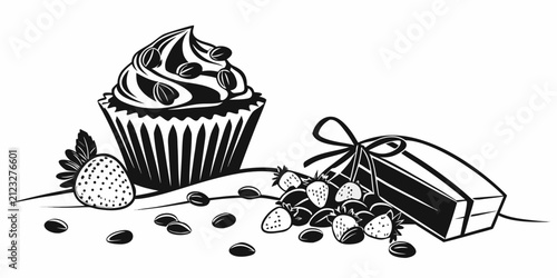 Fotografie Black and white silhouette bundle of sweet treats and dessert desserts
