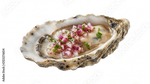 45 degree view of fresh raw oyster on half shell isolated on pure white background, no shadow.