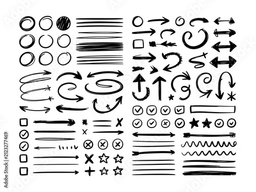 Arrow, circle, underline marker hand pen set. Arrow line marker hand drawn brush pencil sketch. Doodle check, cross, star oval round icon sign symbol texture rough. Vector illustration
