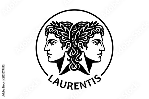 Classical Twin Heads Logo with Laurel Wreaths in Black and White Circle