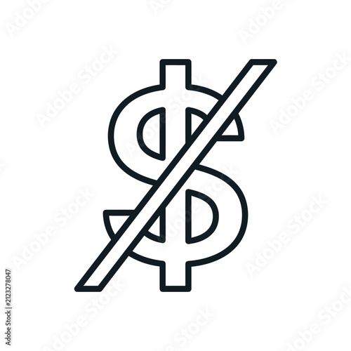 Simple linear graphic of a crossed dollar sign, effectively communicating concepts like payment not needed, complimentary, or without expense