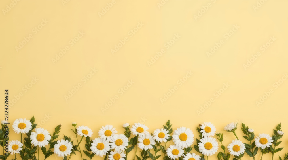 Fototapeta premium Daisy flower border white daisy yellow center spring mood minimalist floral scene
