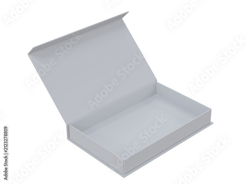 3D Blank rigid gift box mockup with open magnetic lid isolated on a background. Premium packaging template for luxury branding, product presentation, print design, retail packaging and marketing.